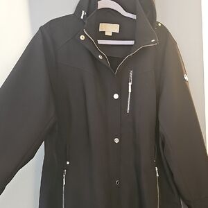 Michael Kors Black Hooded Trench with Silver Zipper Details
